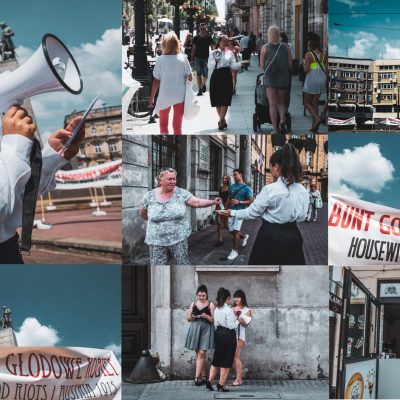 Anka Leśniak, Marsz Głodowy Kobiet / Women Food Riots, Performance I Instalacja W Przestrzeni Publicznej, Plac Wolności, Łódź, 2018. Obraz Składa Się Z 8 Mniejszych Fotografii. Fotografia W Lewym Górnym Roku Jest Większa Od Pozostałych I Przedstawia Kobietę – Performerkę Mówiącą Do Megafonu. Ubrana Jest W Białą Bluzkę Z Czerwoną Tasiemką Zawiązaną Pod Szyją I Czarną Spódnicę. Postać Widać Do Pasa. W Tle Widać Niewyraźnie Biały Transparent Z Czerwonymi I Czarnymi Napisami, Pomnik Tadeusza Kościuszki Oraz Fragmenty Budynków. Zdjęcie Poniżej Przedstawia Transparent Z Napisem Zamieszki Głodowe Kobiet / Women Food Riots, Austria 1915. Tło Dla Baneru Stanowi Pomnik Tadeusza Kościuszki Z Widocznym Fragmentem Cokołu Oraz Niebo. Kolejne Zdjęcia Przedstawiają Kolejne Sceny Z Performance: Artystkę – Performerkę Rozdającą Ulotki Przechodniom Przy Ulicy Piotrkowskiej; Performerkę Z Talerzem I Megafonem W Dłoniach Przed Kioskiem Z Pączkami I Lodami; Transparent Z Napisem Bunt Gospodyń Domowych / Housewives Revolte, Africa 2008, Na Tle Pomnika Tadeusza Kościuszki; Fragment Zabudowań Placu Wolności W Łodzi Z Pomnikiem Tadeusza Kościuszki Na Wysokim Cokole, Pod Którym Ustawione Zostały Transparenty.